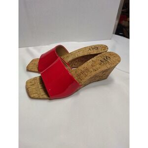 QIY Red Patent Leather Square Toe Cork Wedge Slide Sandals Womens 8.5